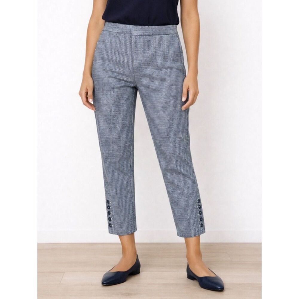 Talbots Chatham Ankle Pants Button Hem Side Zip Teal Houndstooth Women’s Size 4P